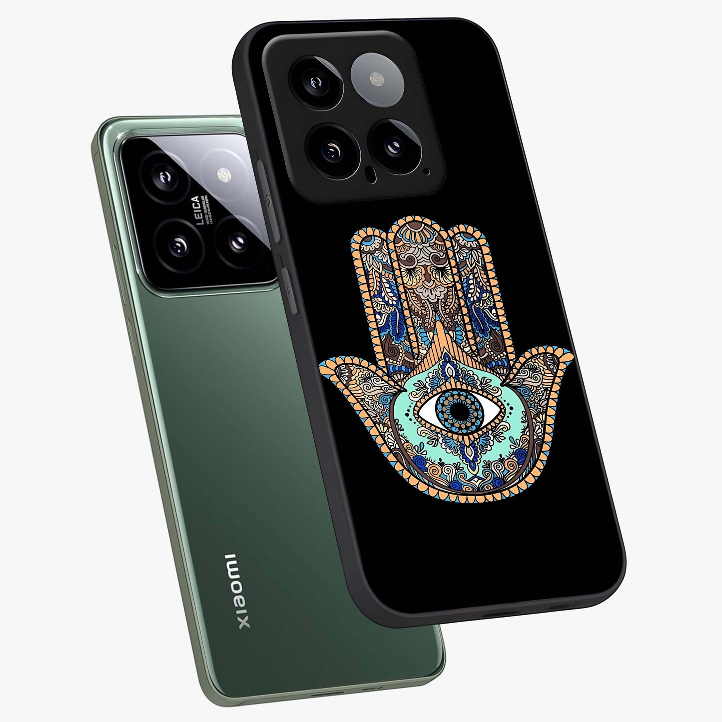 Mystic Hamsa Eye Glass Case displayed in angled mockup highlighting spiritual hamsa symbol with mystical aesthetic style.
