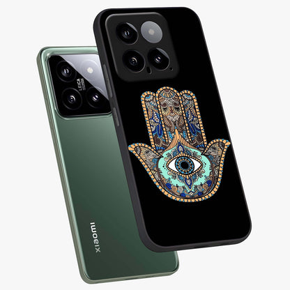 Mystic Hamsa Eye Glass Case displayed in angled mockup highlighting spiritual hamsa symbol with mystical aesthetic style.