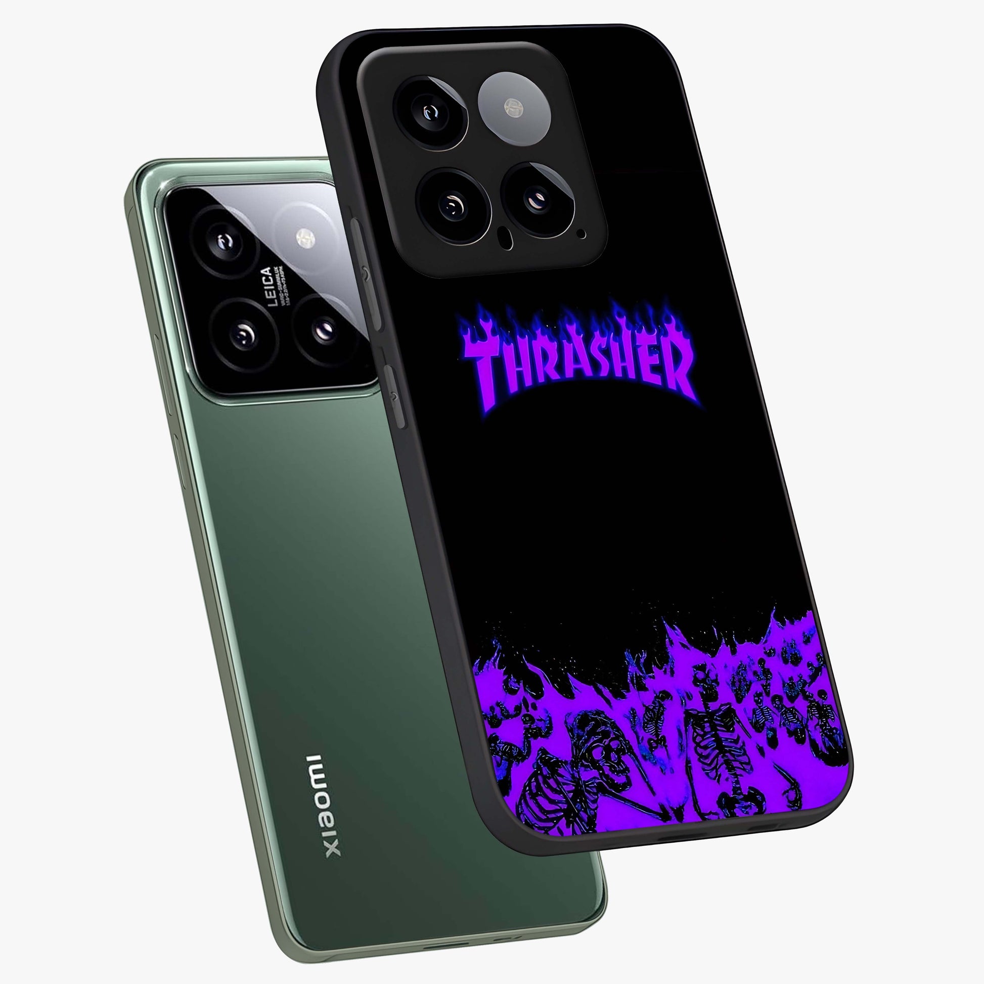 Neon Flame Riot Glass Case displayed in angled mockup highlighting glowing flame design with vibrant neon aesthetic.