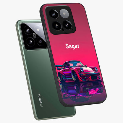 Neon Pink Porsche Glass Case displayed in angled mockup highlighting sleek neon pink car design with racing aesthetic.