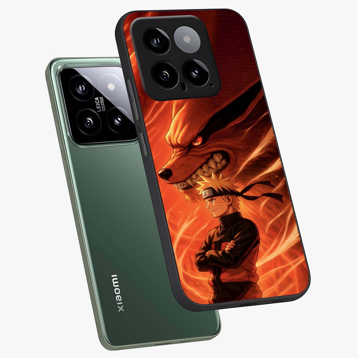 Nine Tails Legacy Glass Case displayed in angled mockup highlighting dynamic anime beast illustration with bold mystical aesthetic.