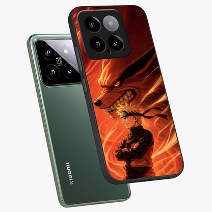 Nine Tails Legacy Glass Case displayed in angled mockup highlighting dynamic anime beast illustration with bold mystical aesthetic.