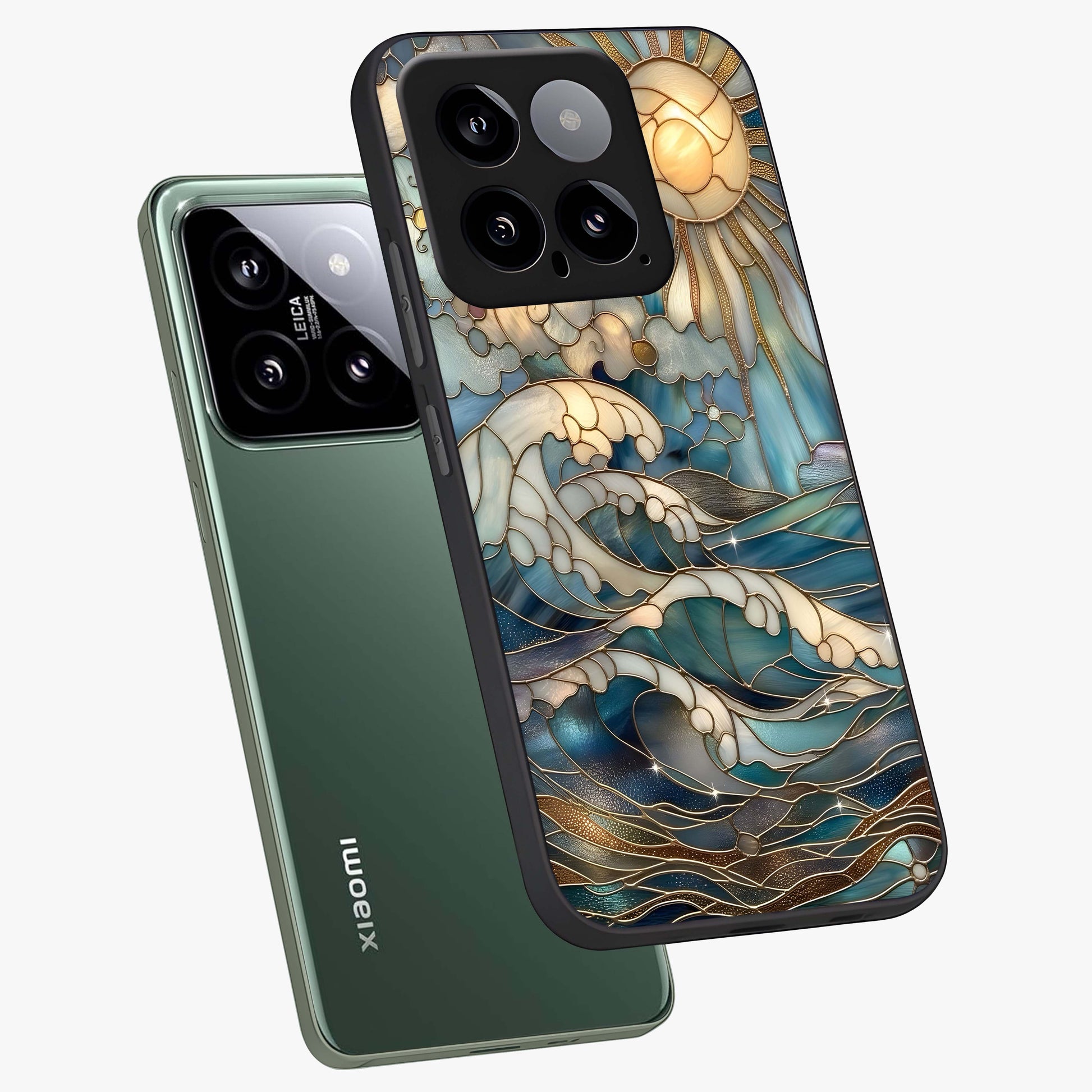 Oceanic Stained Printed Glass Case displayed in angled mockup highlighting colorful aquatic design with artistic aesthetic style.