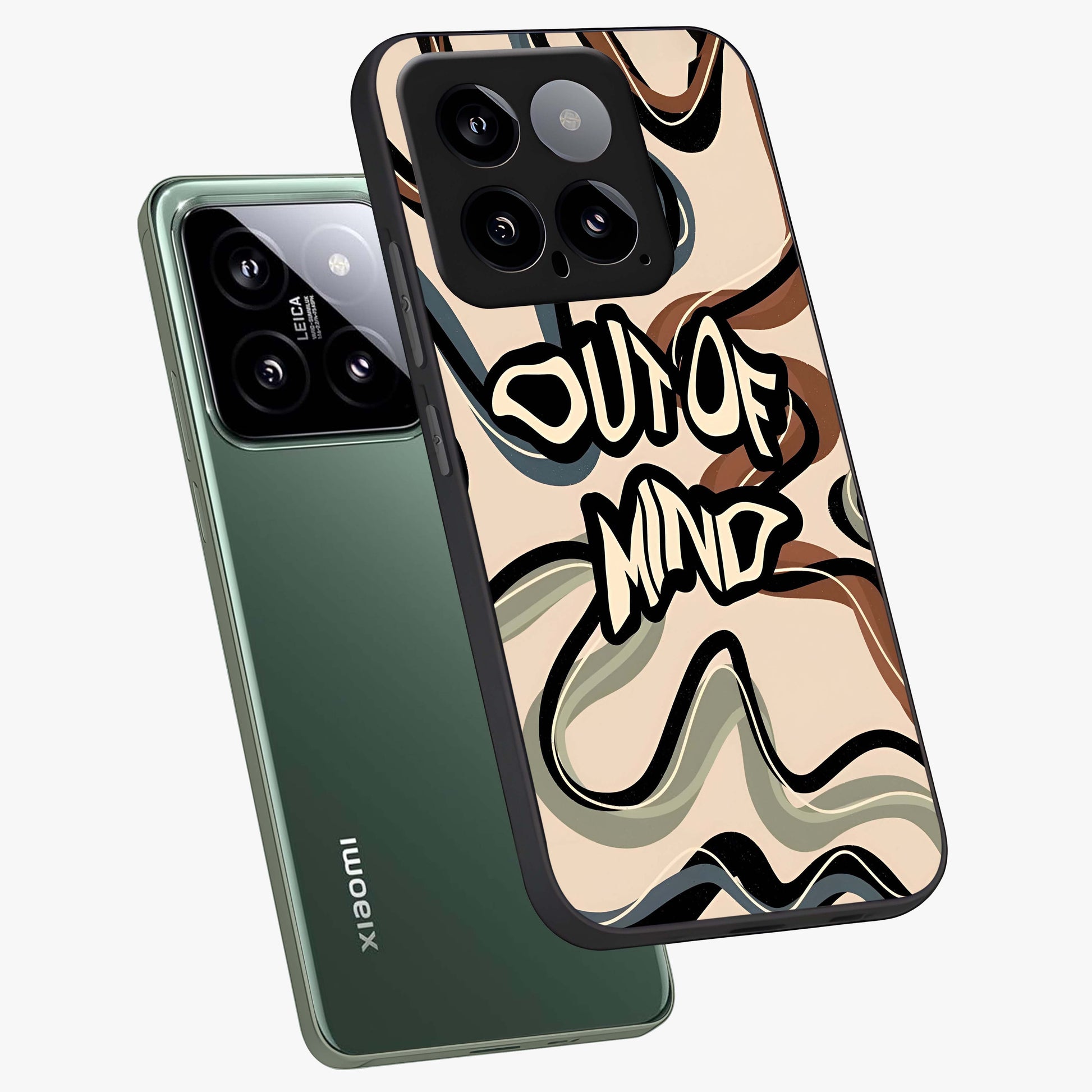 Out Of Mind Glass Case displayed in angled mockup highlighting bold statement design with modern artistic aesthetic.