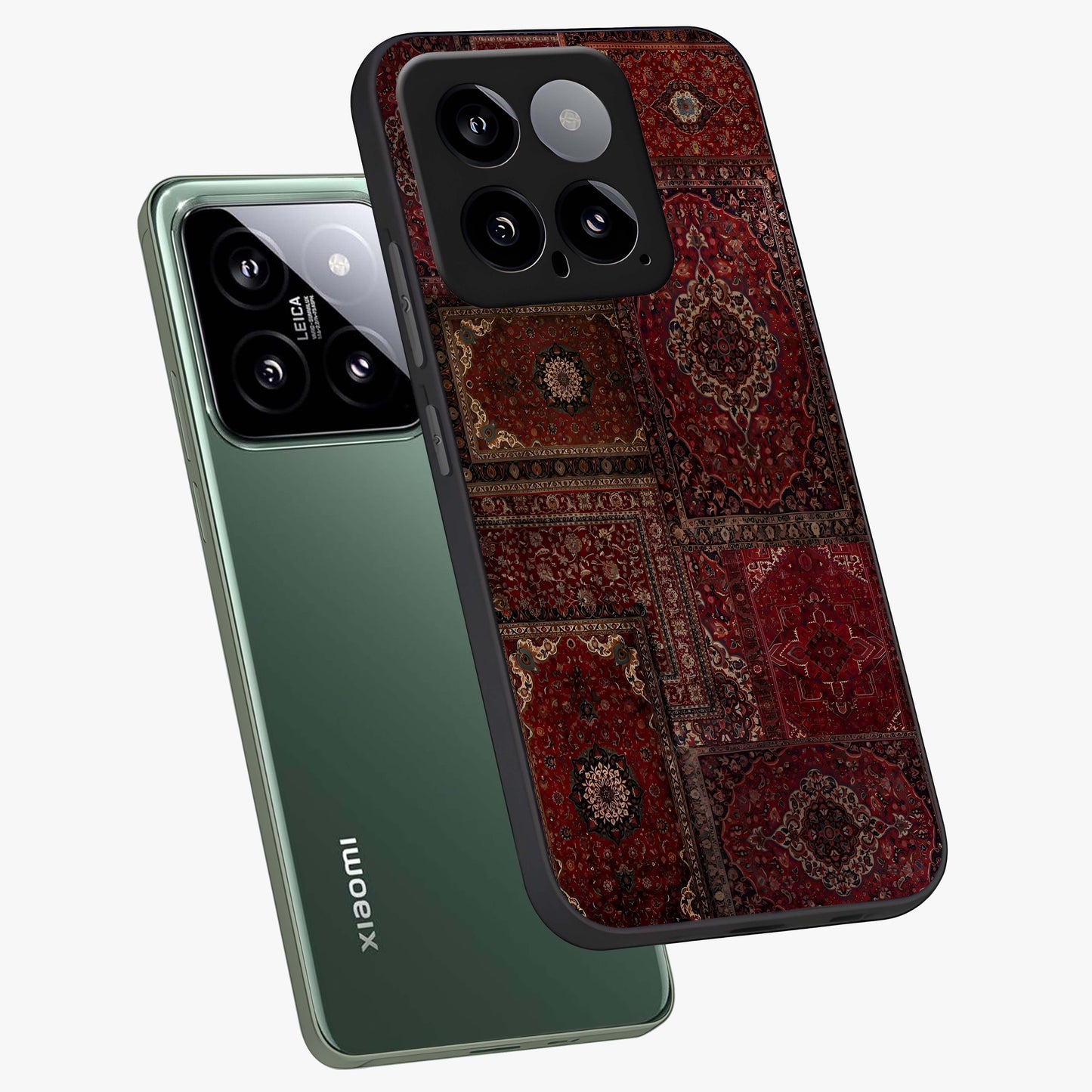 Persian Velvet Tale Glass Case displayed in angled mockup highlighting ornate textile inspired design with royal aesthetic.