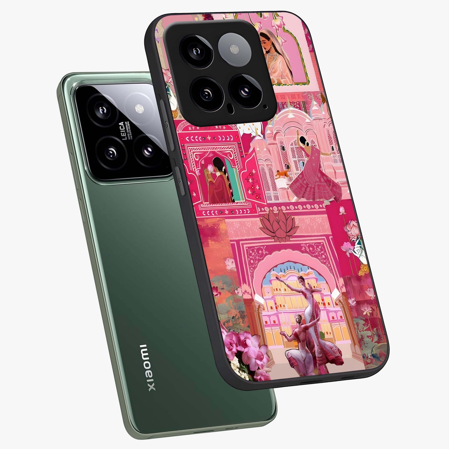 Pink Palace Muse Glass Case displayed in angled mockup highlighting dreamy palace illustration with soft pink aesthetic.