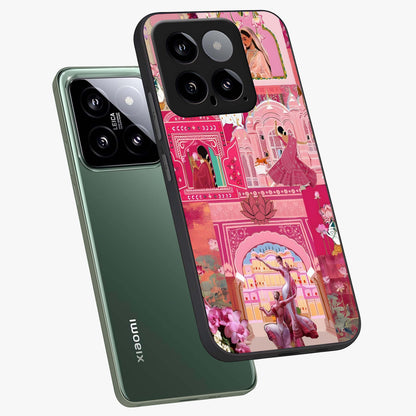 Pink Palace Muse Glass Case displayed in angled mockup highlighting dreamy palace illustration with soft pink aesthetic.