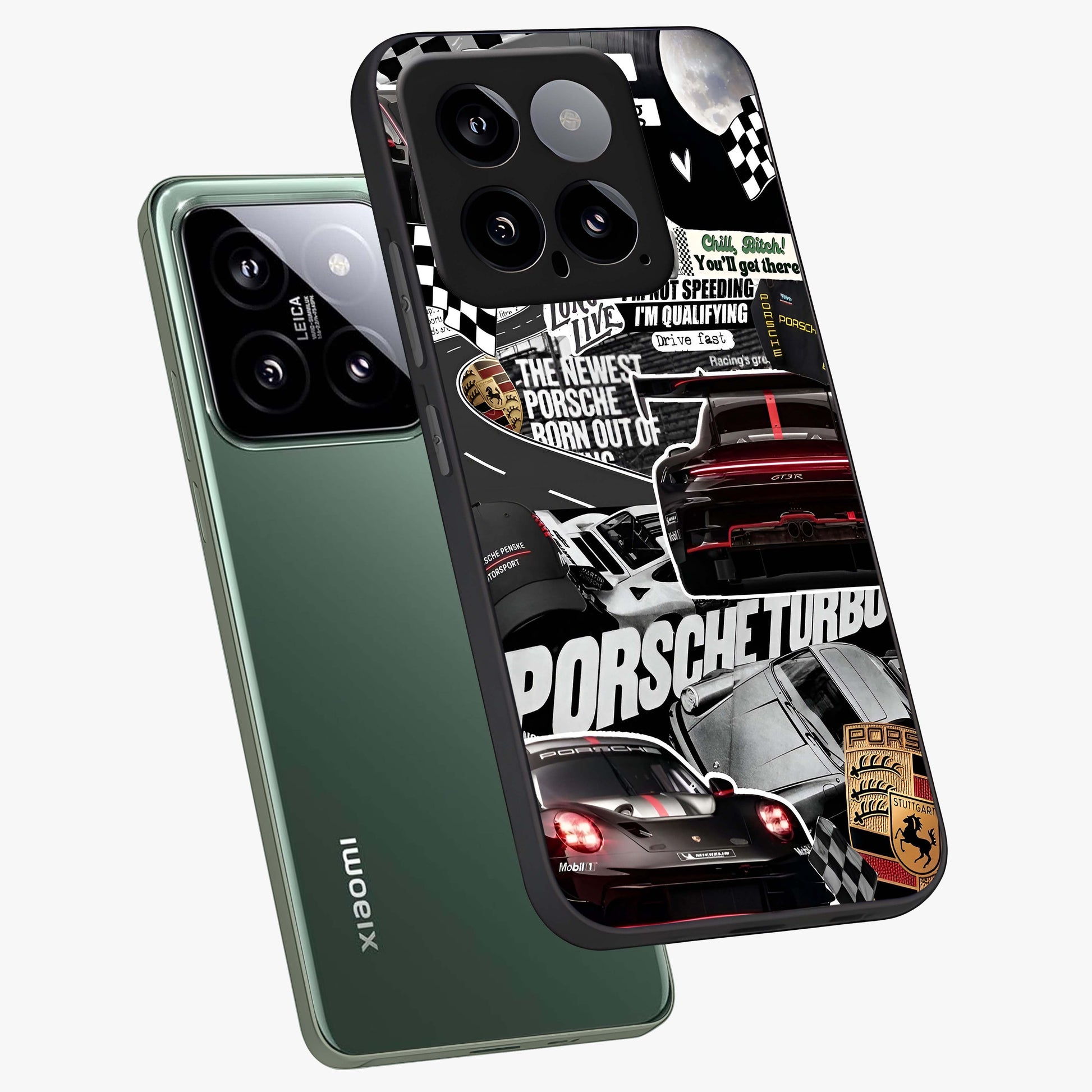 Porsche Racing Collage Glass Case displayed in angled mockup highlighting dynamic automotive design with bold racing aesthetic.