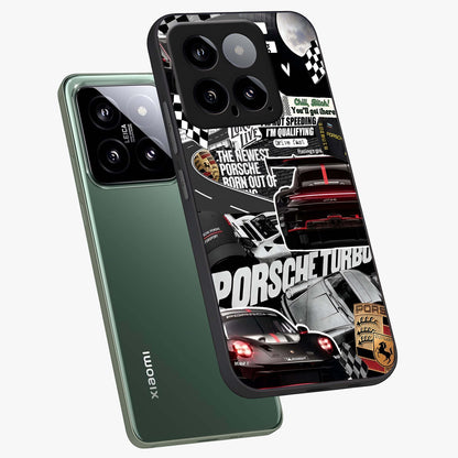 Porsche Racing Collage Glass Case displayed in angled mockup highlighting dynamic automotive design with bold racing aesthetic.