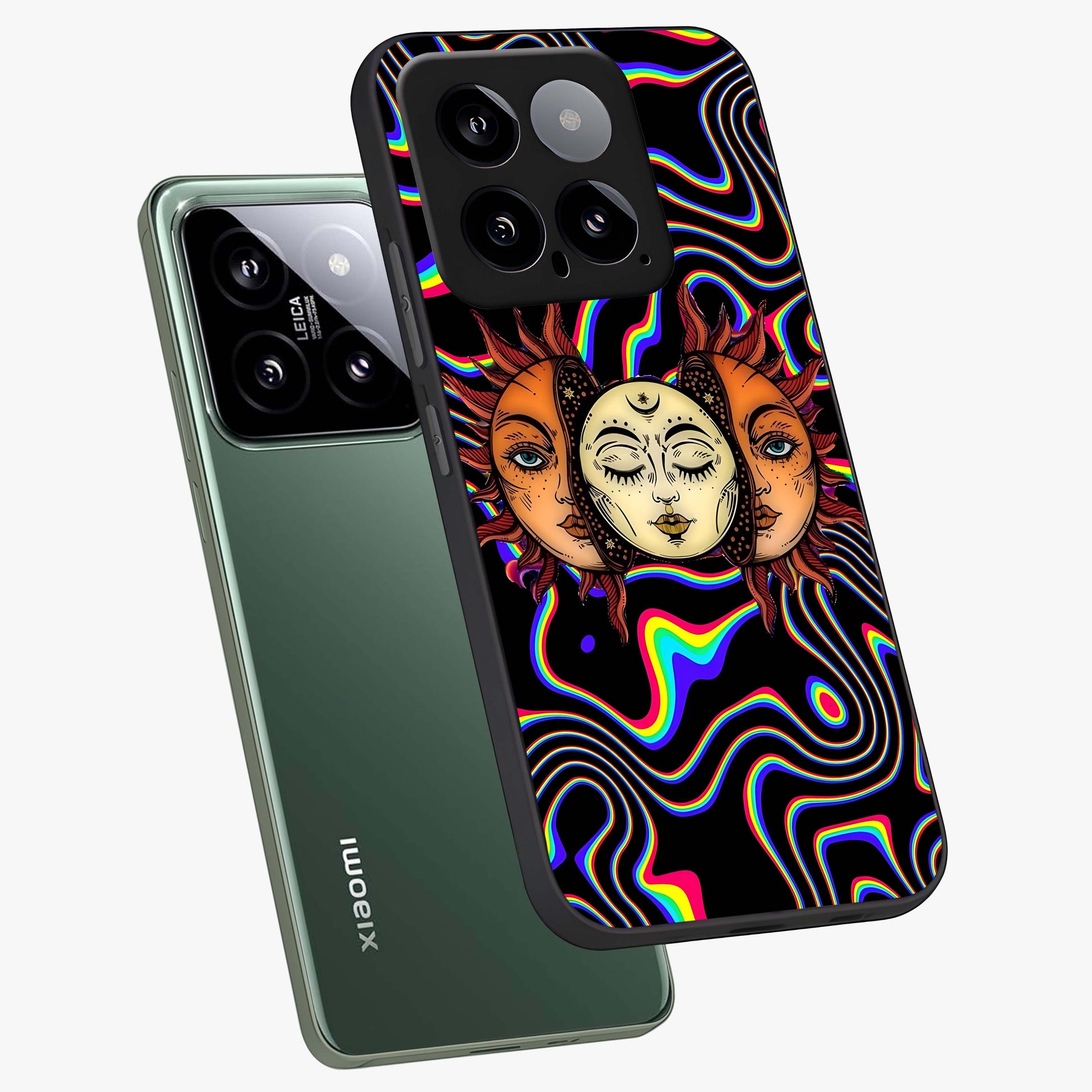 Psychedelic Sun Glass Case displayed in angled mockup highlighting vibrant abstract sun design with artistic aesthetic style.