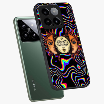 Psychedelic Sun Glass Case displayed in angled mockup highlighting vibrant abstract sun design with artistic aesthetic style.