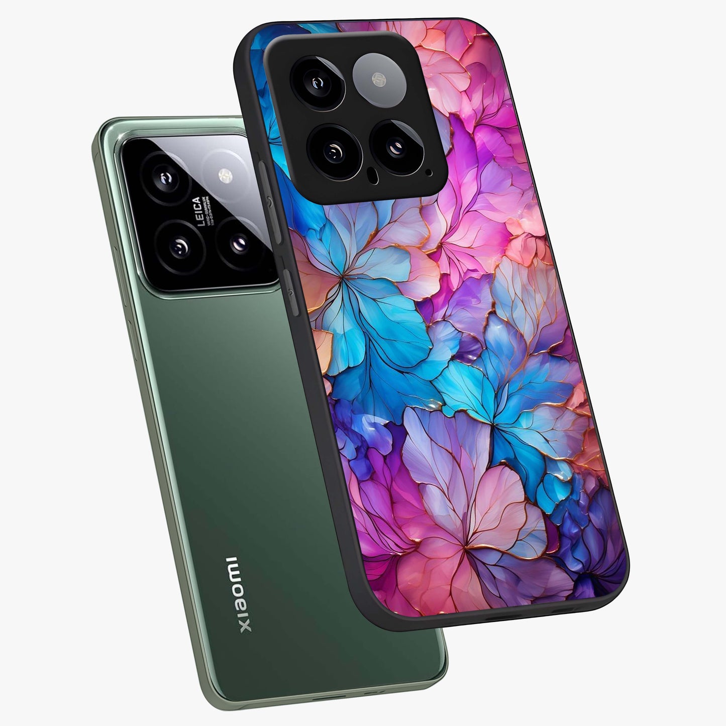 Radiant Floral Whirl Glass Case displayed in angled mockup highlighting vibrant flower pattern with dynamic artistic aesthetic.