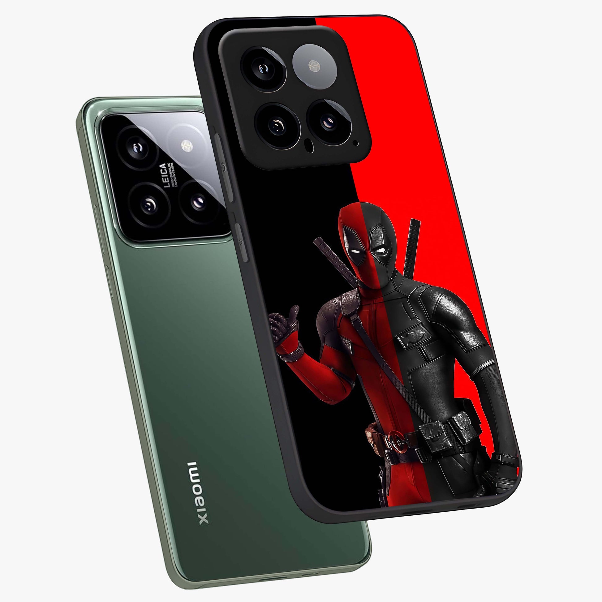 Red & Black Deadpool Theme Glass Case displayed in angled mockup highlighting vibrant superhero style illustration with action aesthetic.
