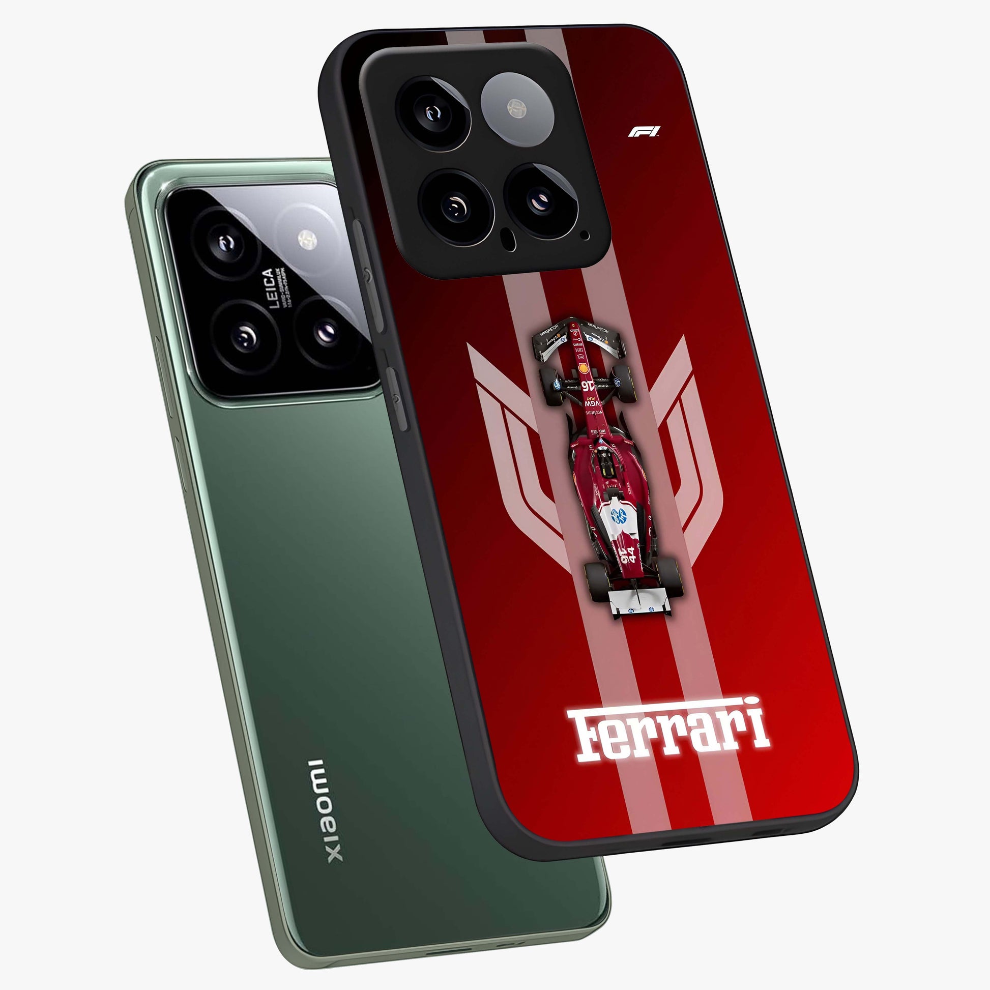 Red Ferrari F1 Vertical Glass Case displayed in angled mockup highlighting high speed racing design with bold automotive aesthetic.
