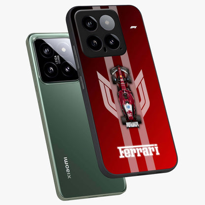 Red Ferrari F1 Vertical Glass Case displayed in angled mockup highlighting high speed racing design with bold automotive aesthetic.