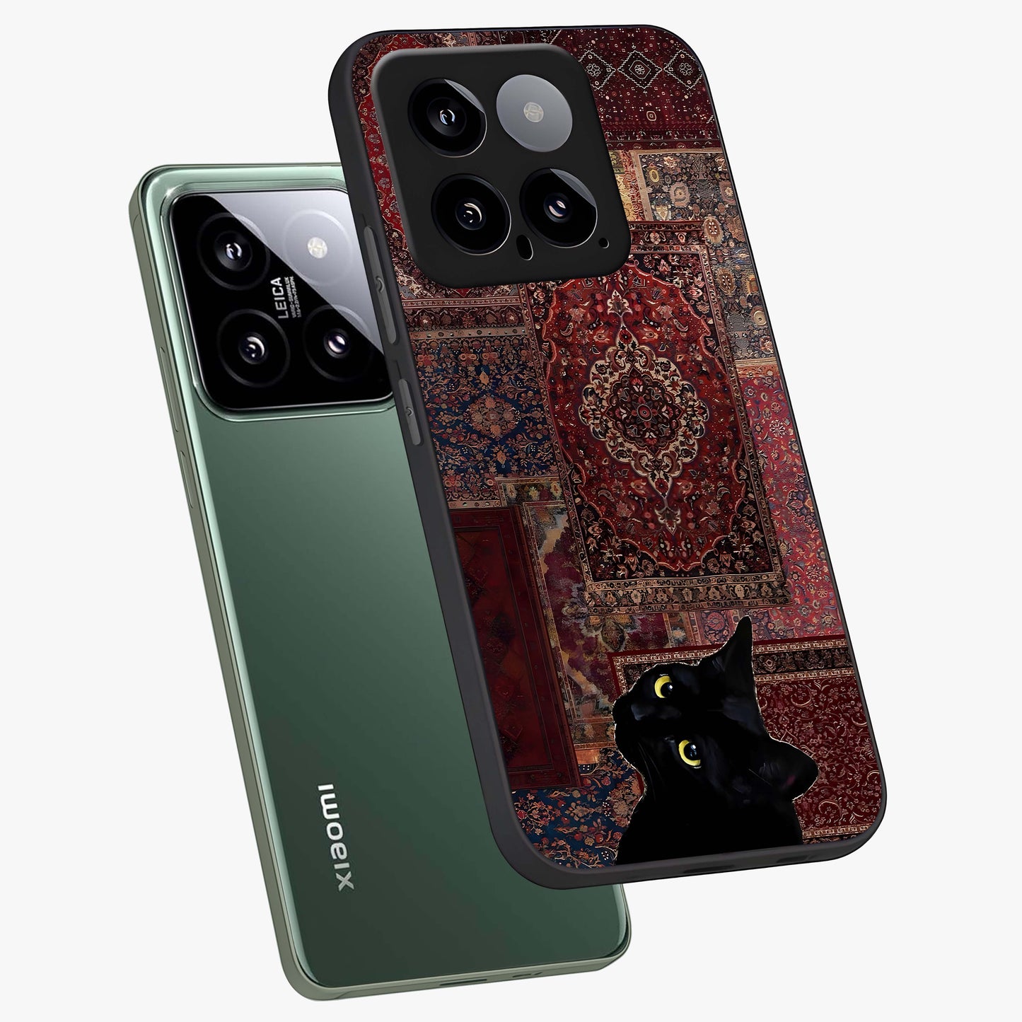 Regal Magic Cat Apple Glass Case displayed in angled mockup highlighting whimsical feline design with fantasy aesthetic.