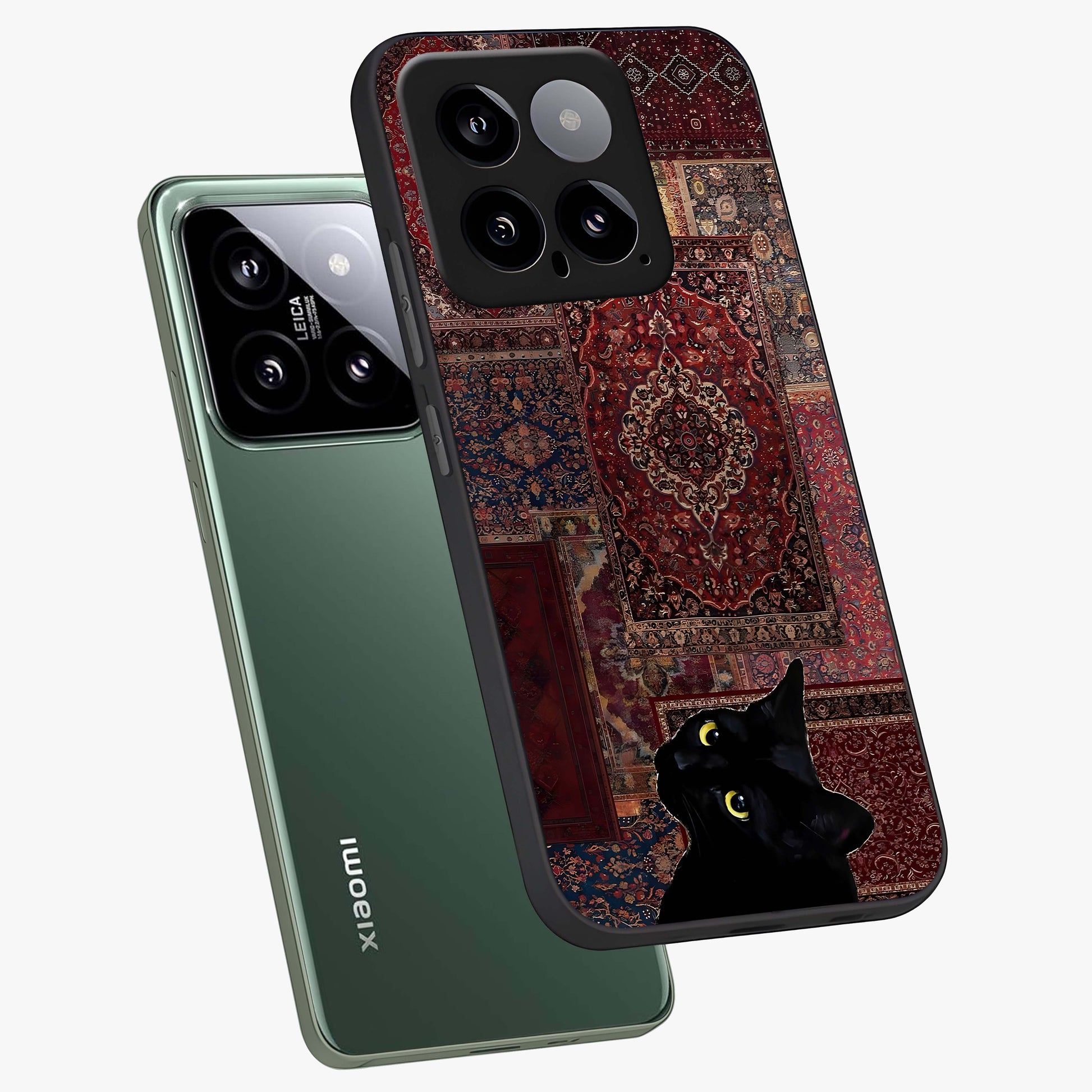 Regal Magic Cat Apple Glass Case displayed in angled mockup highlighting whimsical feline design with fantasy aesthetic.