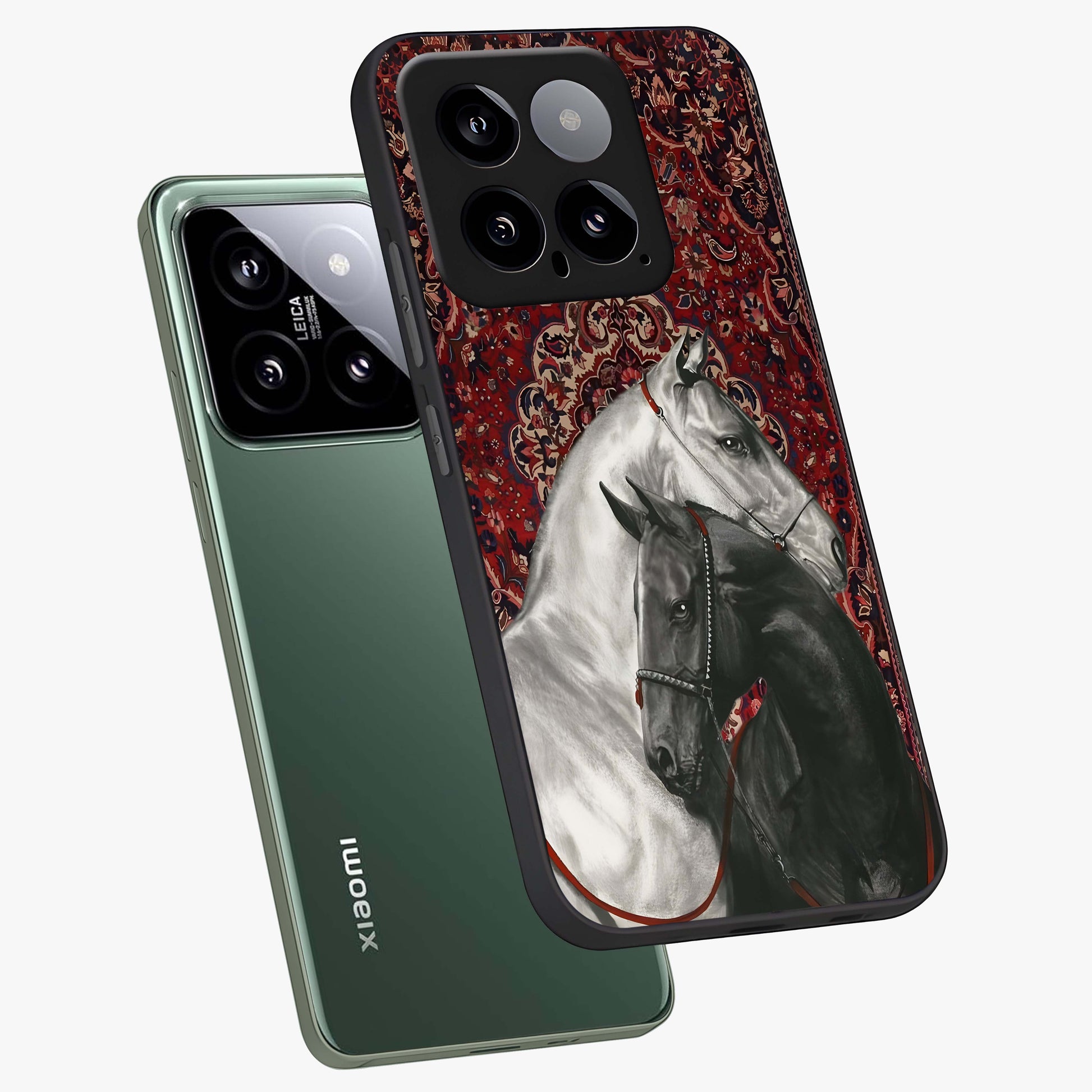 Regal Stallion Tapestry Glass Case displayed in angled mockup highlighting royal stallion design with decorative heritage aesthetic.