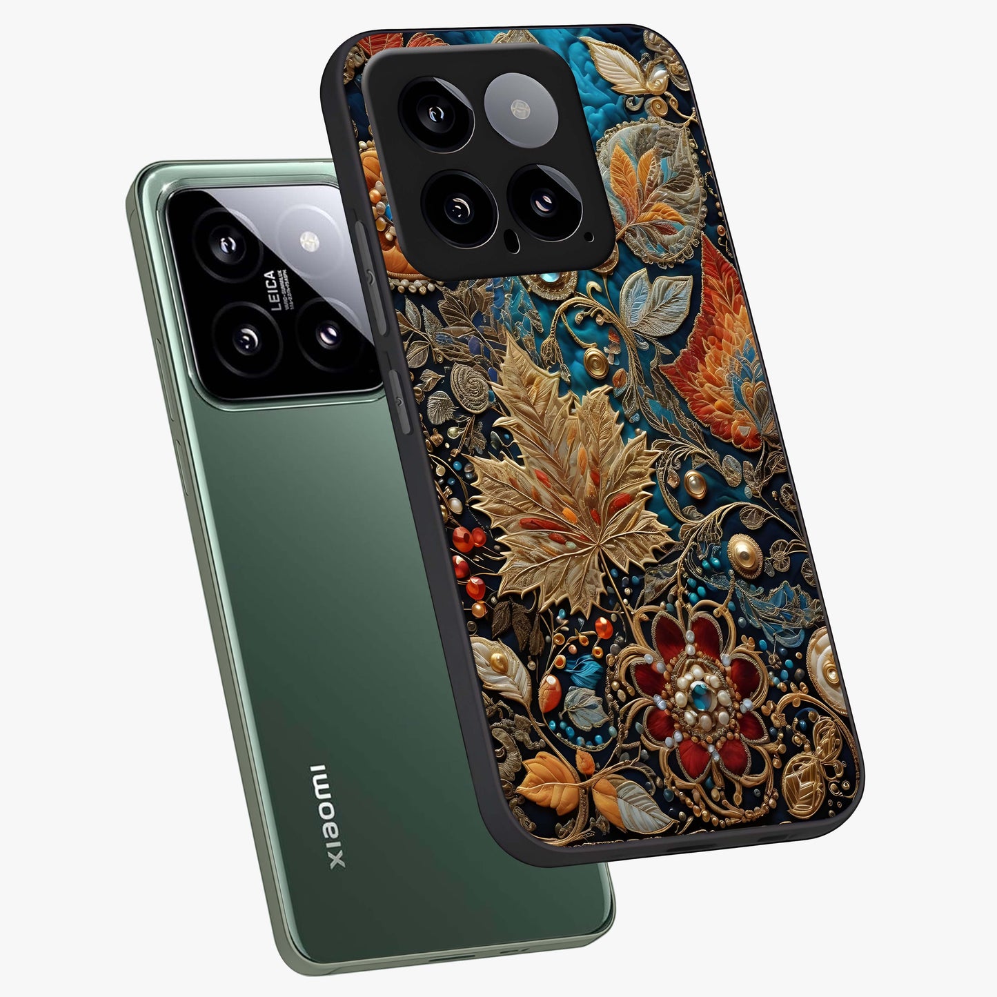 Royal Jewel Garden Glass Case displayed in angled mockup highlighting vibrant jewel inspired floral design with elegant aesthetic.