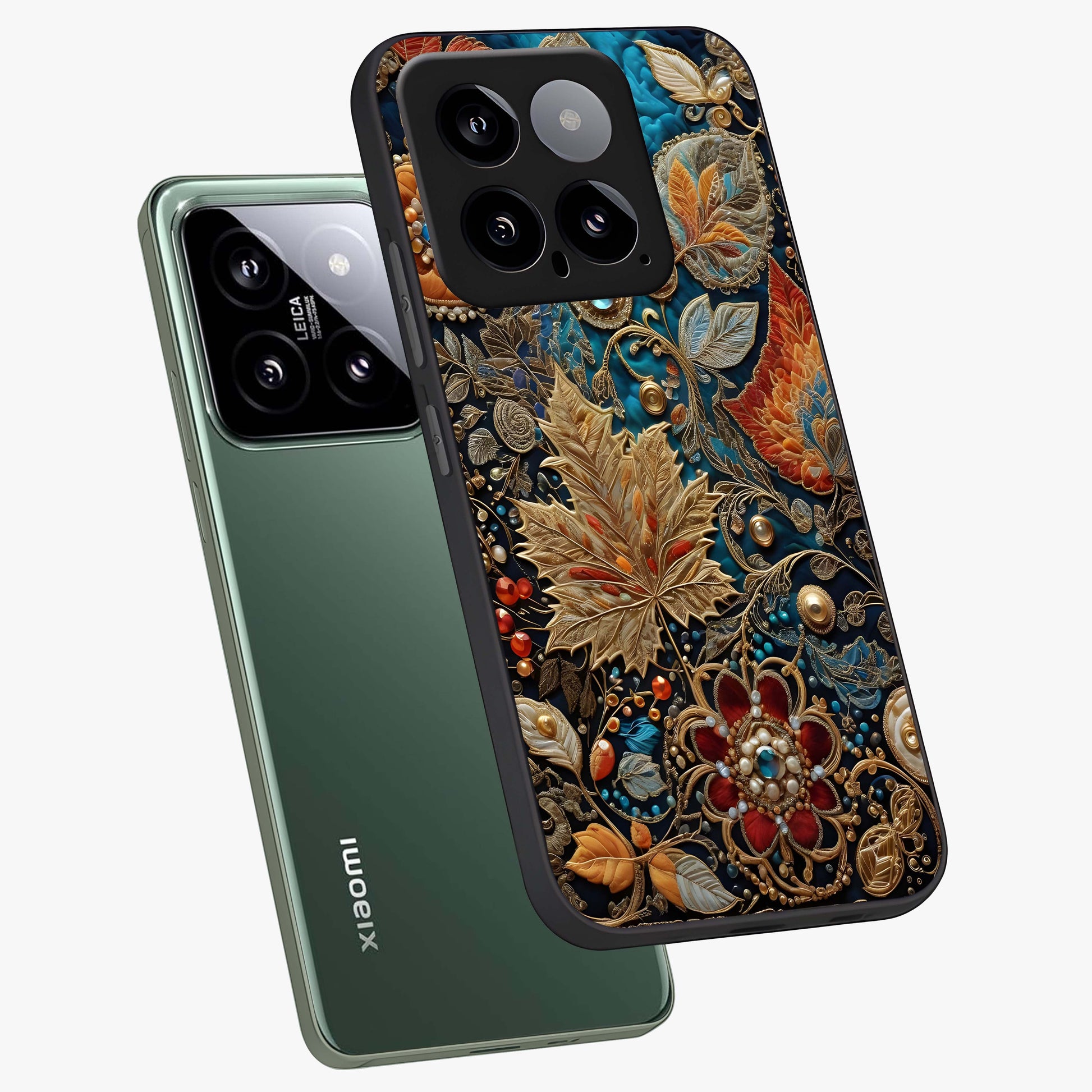 Royal Jewel Garden Glass Case displayed in angled mockup highlighting vibrant jewel inspired floral design with elegant aesthetic.