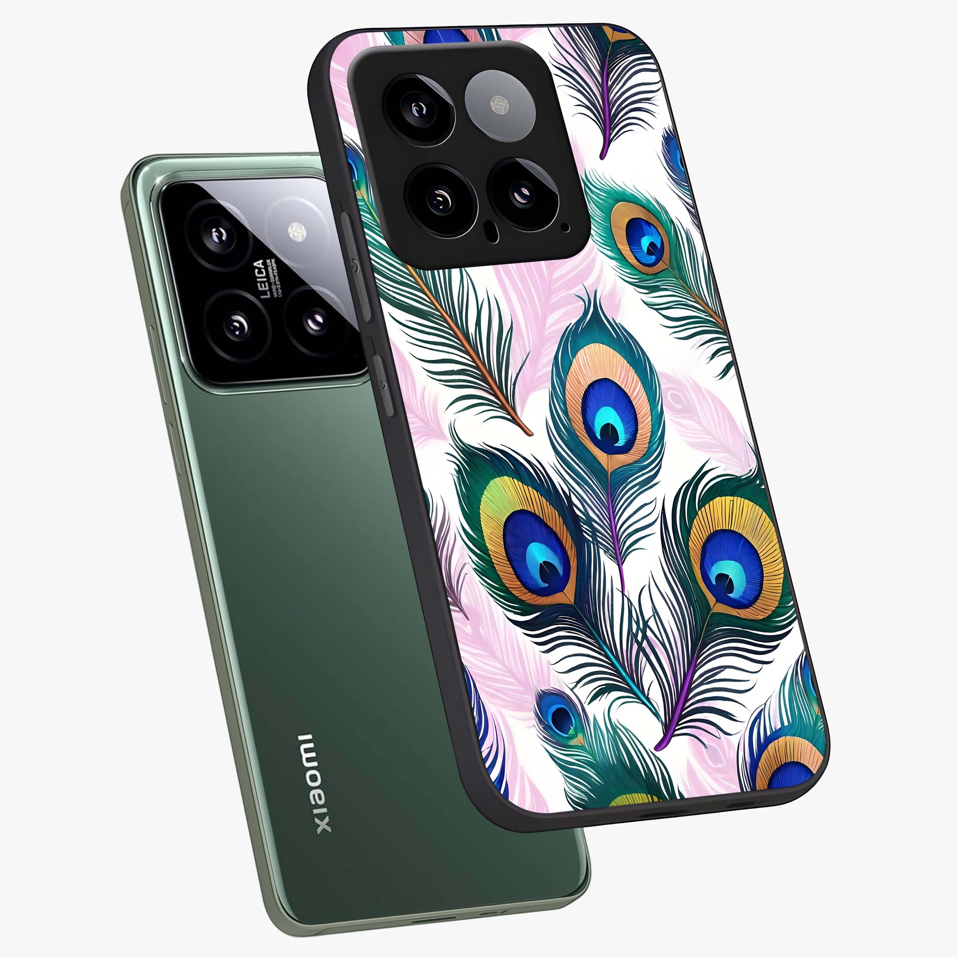 Royal Peacock Feathers Glass Case displayed in angled mockup highlighting vibrant feather pattern with regal aesthetic style.