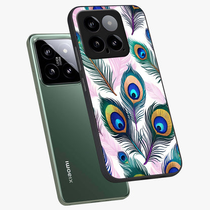 Royal Peacock Feathers Glass Case displayed in angled mockup highlighting vibrant feather pattern with regal aesthetic style.