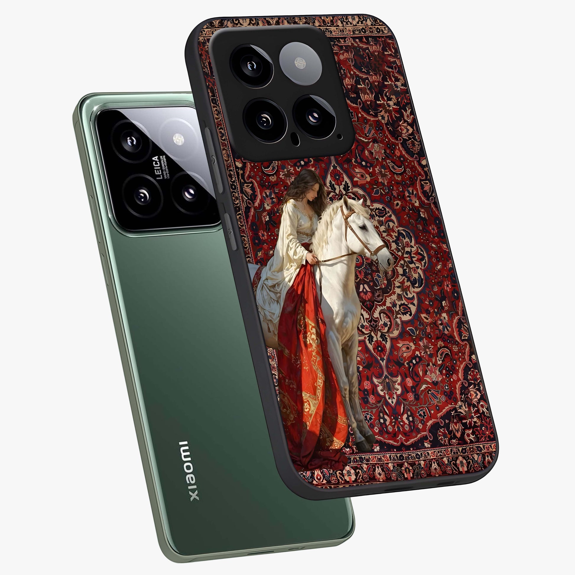 Royal Rider Tapestry Glass Case displayed in angled mockup highlighting traditional tapestry design with royal heritage aesthetic.