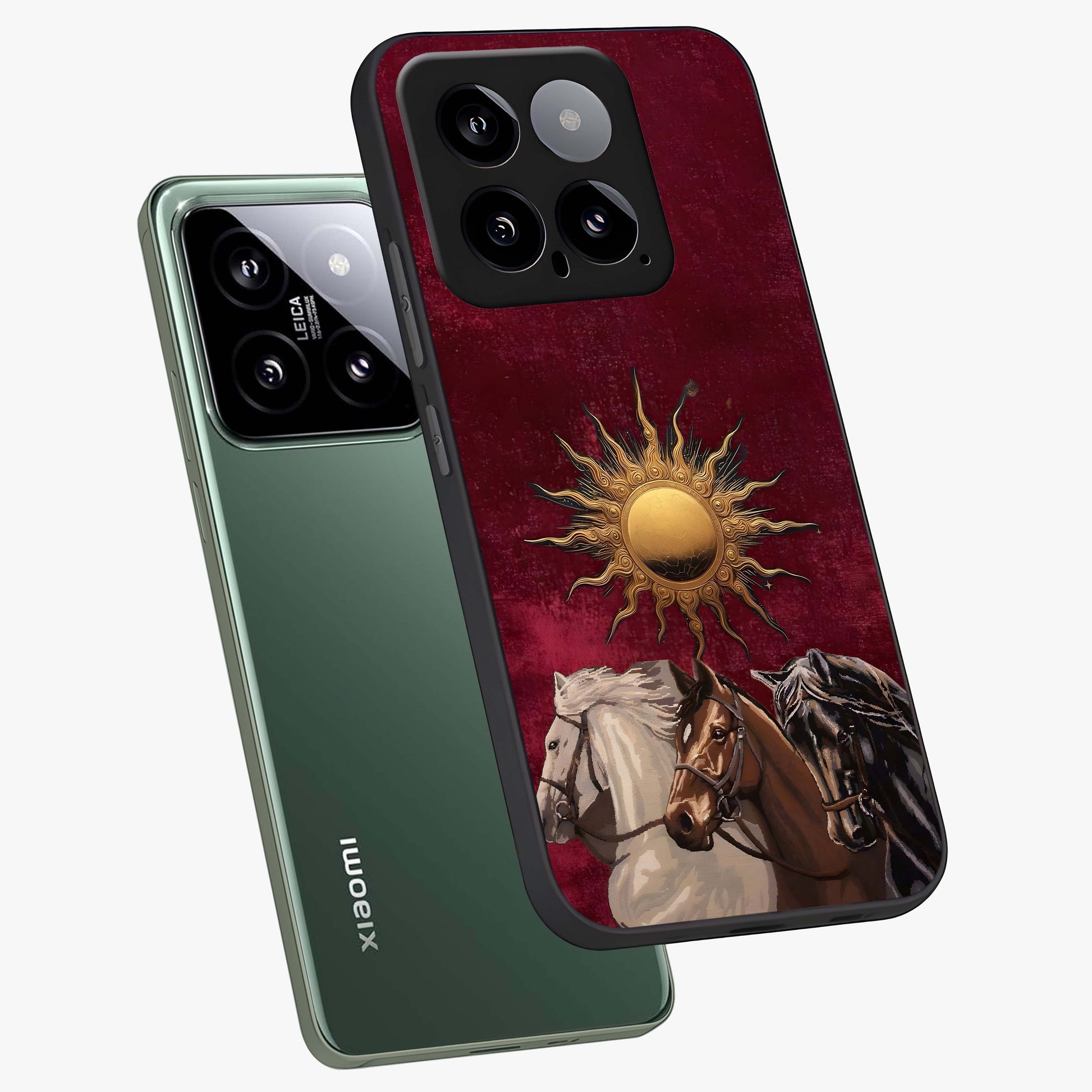 Solar Riders Glass Case displayed in angled mockup highlighting powerful rider illustration with radiant solar aesthetic.