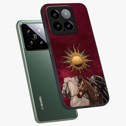 Solar Riders Glass Case displayed in angled mockup highlighting powerful rider illustration with radiant solar aesthetic.