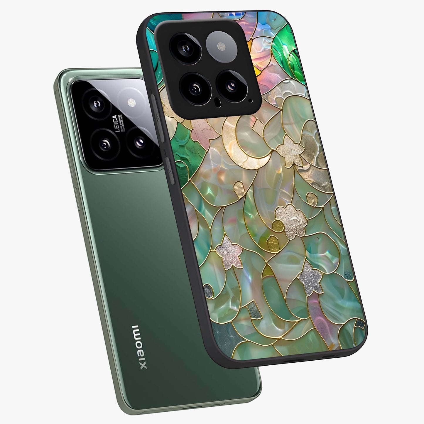 Stained Sunrise Glow Glass Case displayed in angled mockup highlighting radiant sunrise design with artistic aesthetic style.
