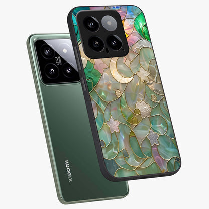 Stained Sunrise Glow Glass Case displayed in angled mockup highlighting radiant sunrise design with artistic aesthetic style.