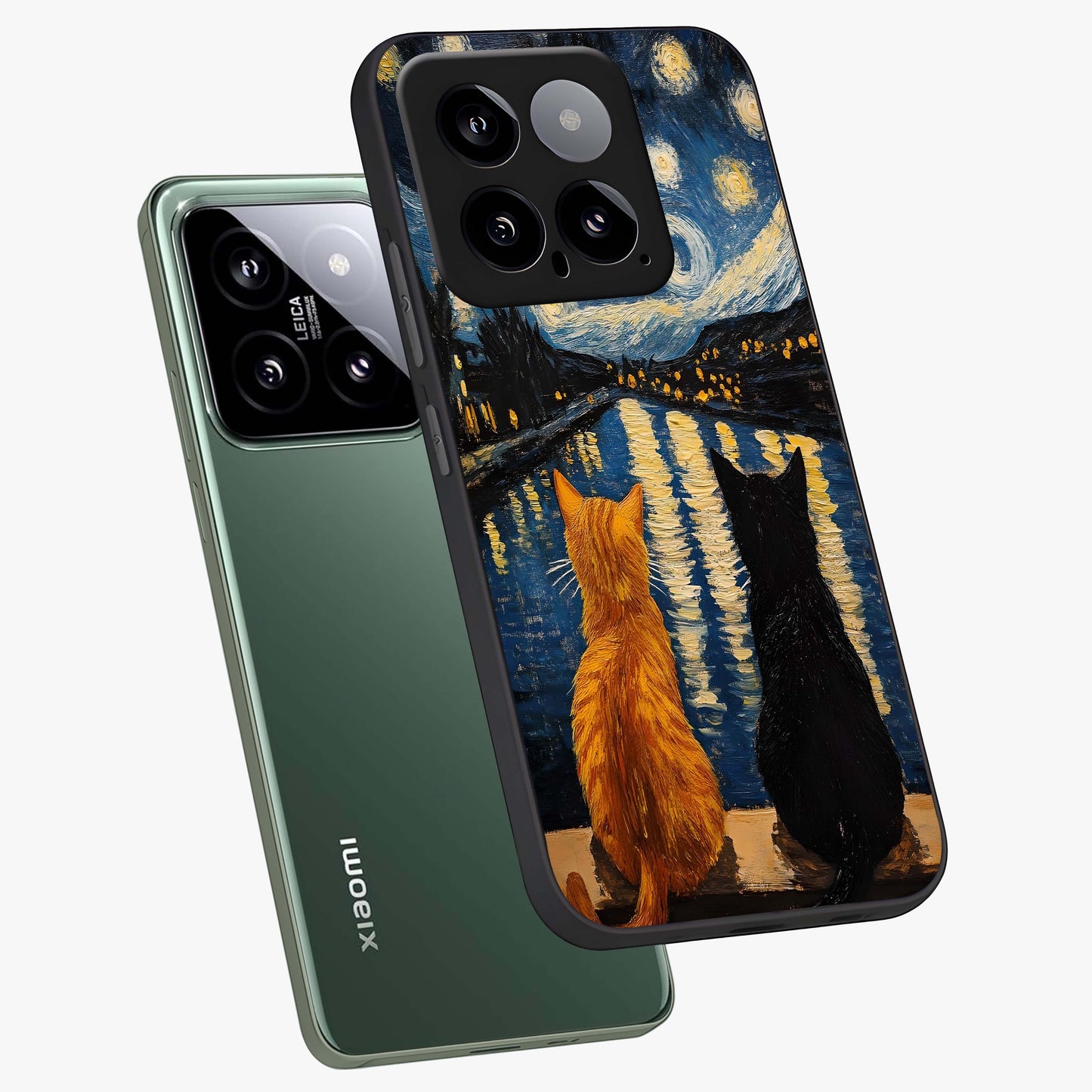 Starry River Cats Glass Case displayed in angled mockup highlighting charming feline illustration with dreamy night aesthetic.