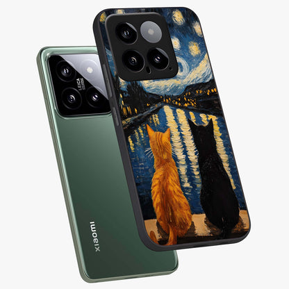 Starry River Cats Glass Case displayed in angled mockup highlighting charming feline illustration with dreamy night aesthetic.