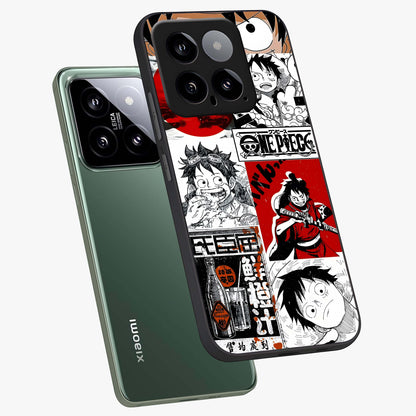 Strawhat Chaos Panels Glass Case displayed in angled mockup highlighting vibrant anime collage design with action aesthetic.