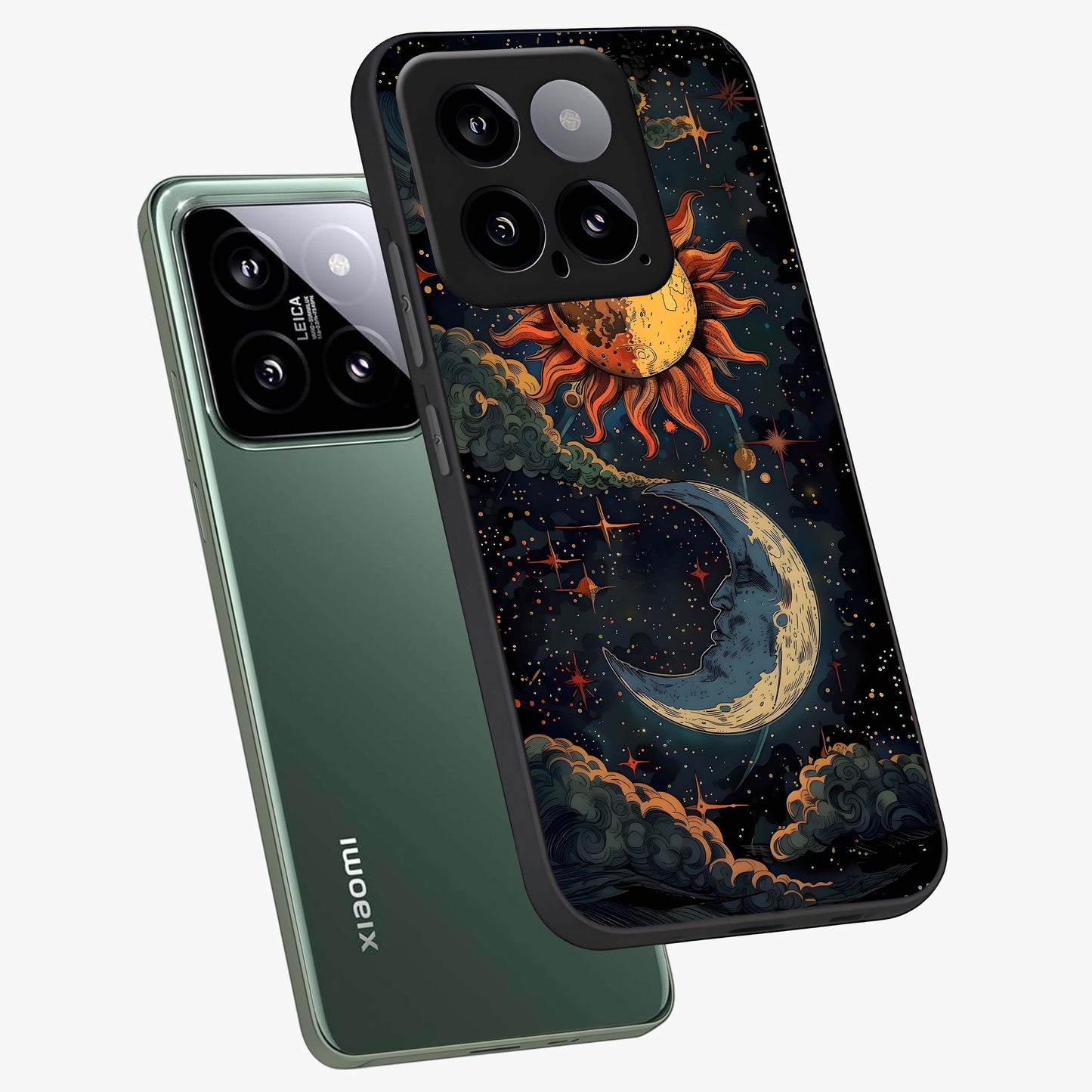 Sun And Moon Magic Design Glass Case displayed in angled mockup highlighting celestial design with magical cosmic aesthetic.