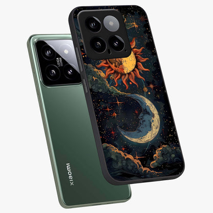 Sun And Moon Magic Design Glass Case displayed in angled mockup highlighting celestial design with magical cosmic aesthetic.