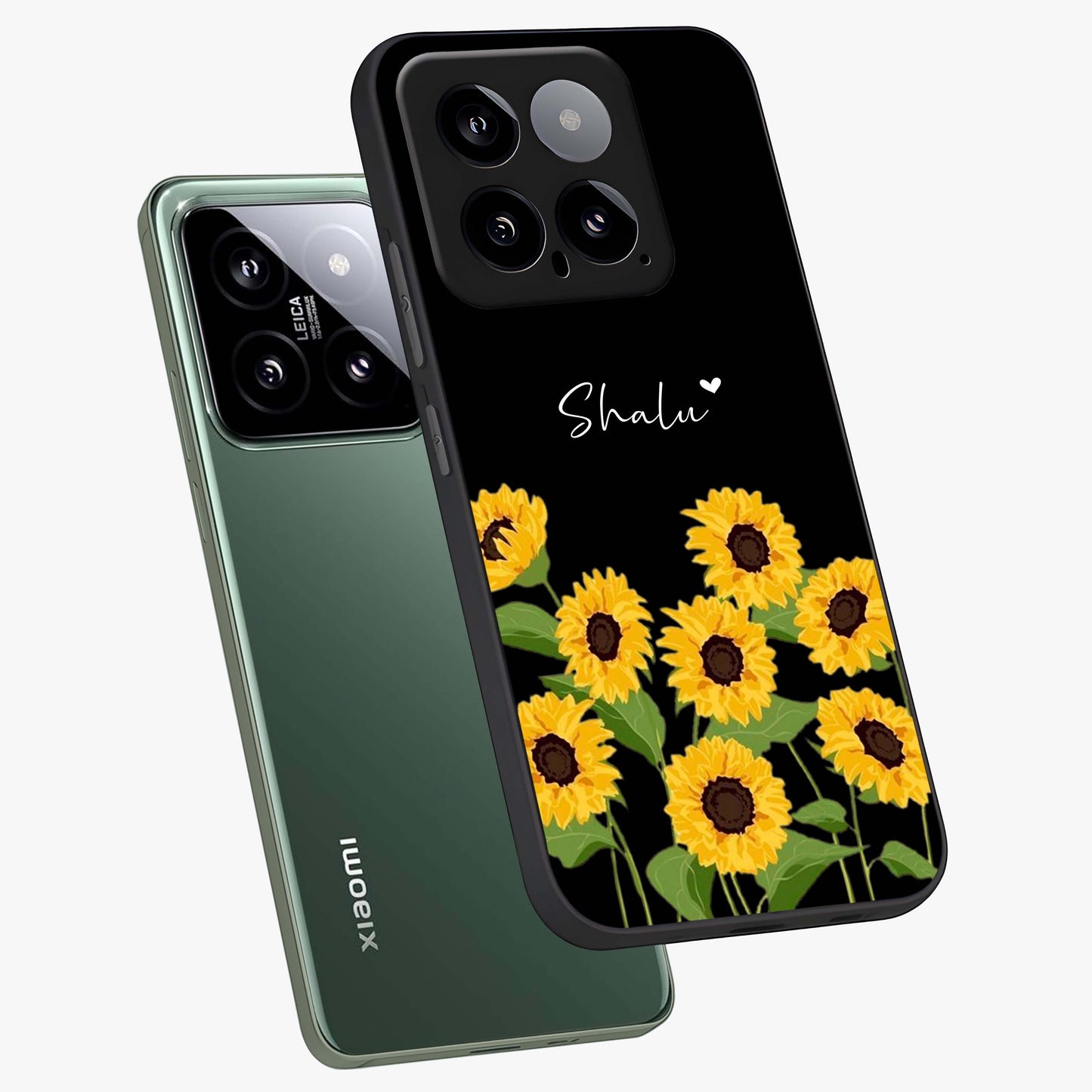 Sunflower Chic Mood Custom Name Glass Case displayed in angled mockup highlighting vibrant sunflower design with custom name feature.