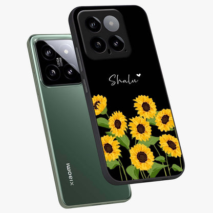 Sunflower Chic Mood Custom Name Glass Case displayed in angled mockup highlighting vibrant sunflower design with custom name feature.
