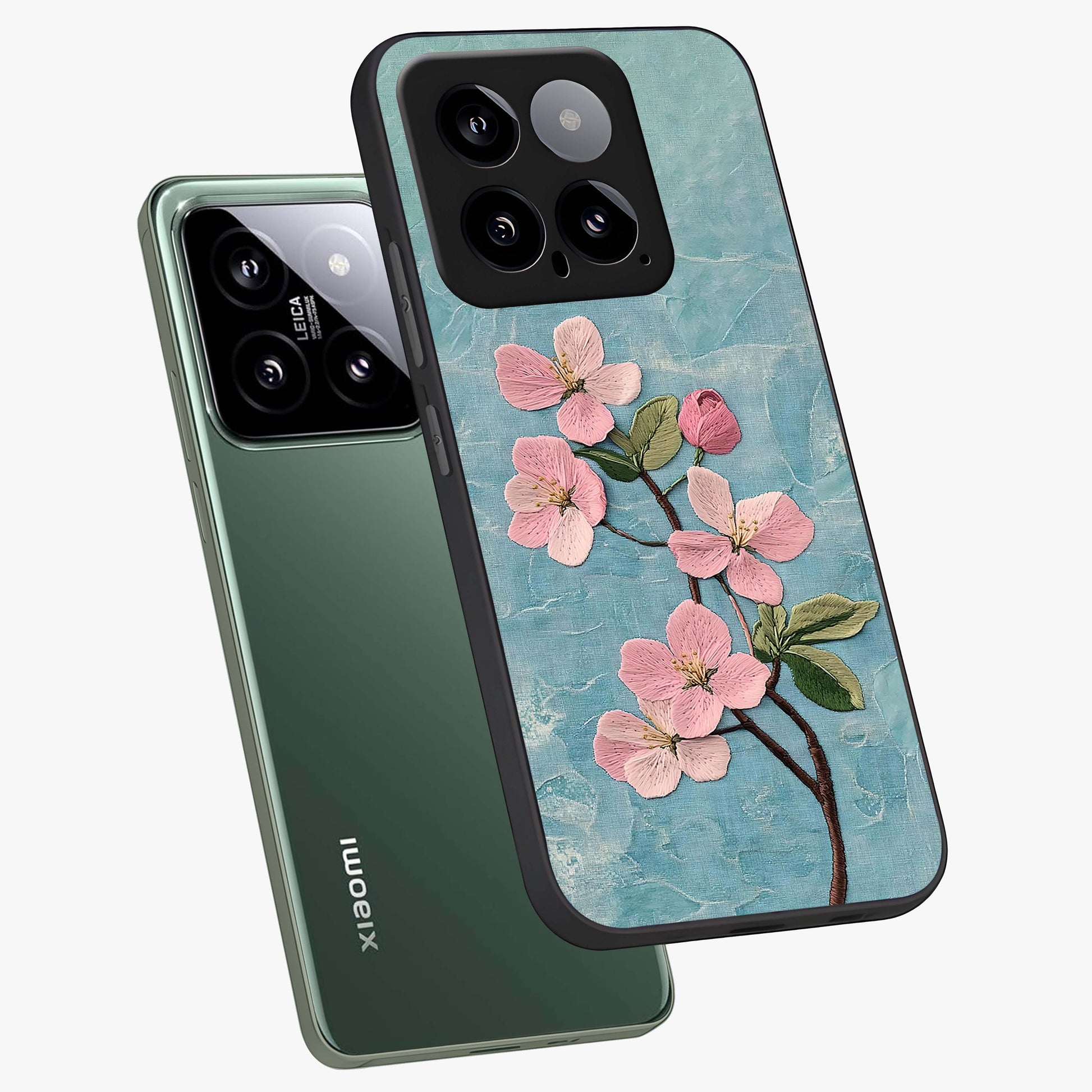 Threaded Blossom Breeze Glass Case displayed in angled mockup highlighting elegant floral design with soft aesthetic style.