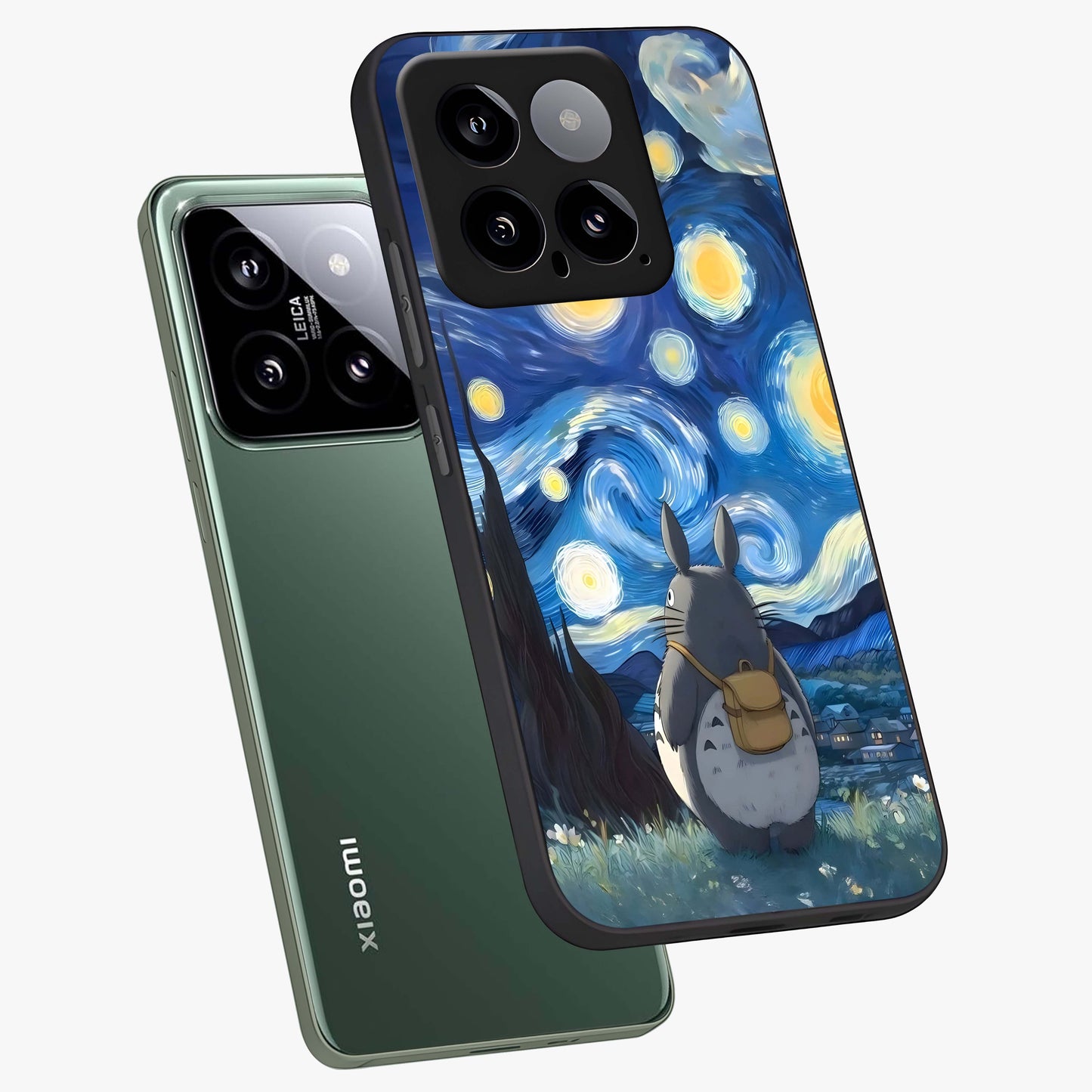 Totoro In Van Gogh Art Glass Case displayed in angled mockup highlighting artistic swirling sky design with playful animation aesthetic.