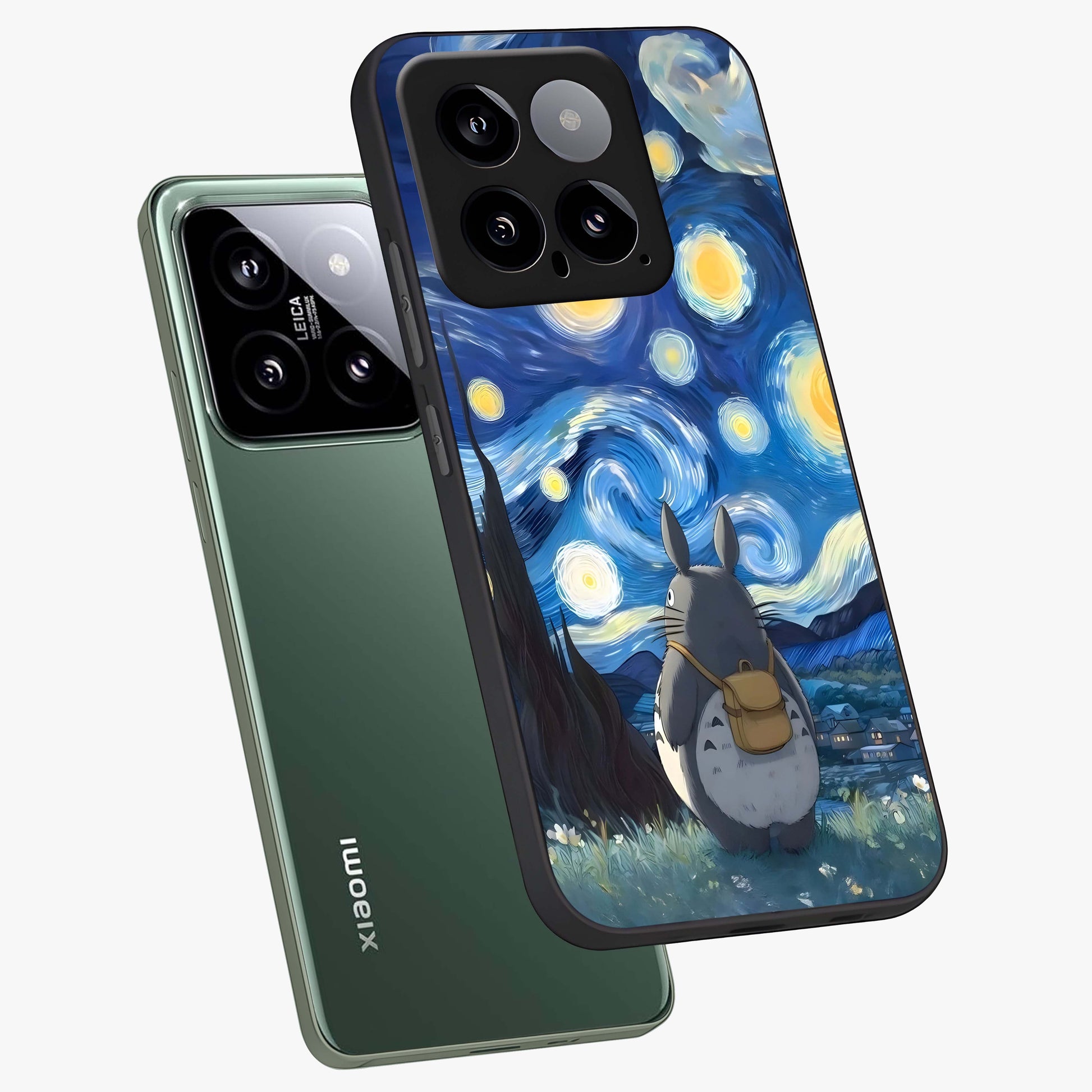 Totoro In Van Gogh Art Glass Case displayed in angled mockup highlighting artistic swirling sky design with playful animation aesthetic.