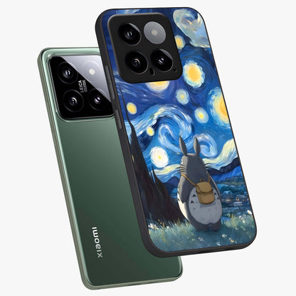 Totoro In Van Gogh Art Glass Case displayed in angled mockup highlighting artistic swirling sky design with playful animation aesthetic.