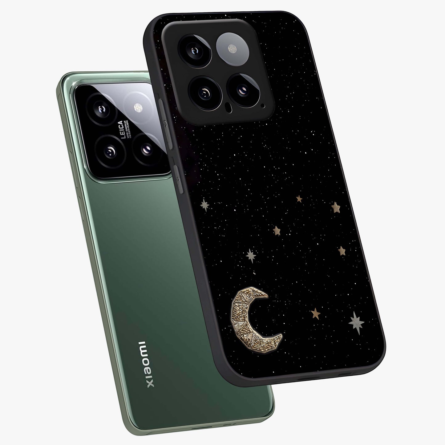 Twinkle Star With Half Moon Glass Case displayed in angled mockup highlighting celestial moon and star design with magical aesthetic.