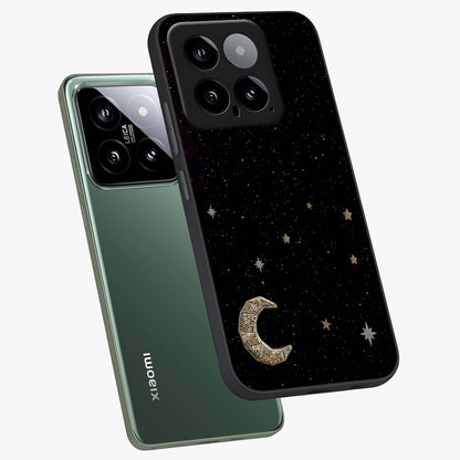 Twinkle Star With Half Moon Glass Case displayed in angled mockup highlighting celestial moon and star design with magical aesthetic.