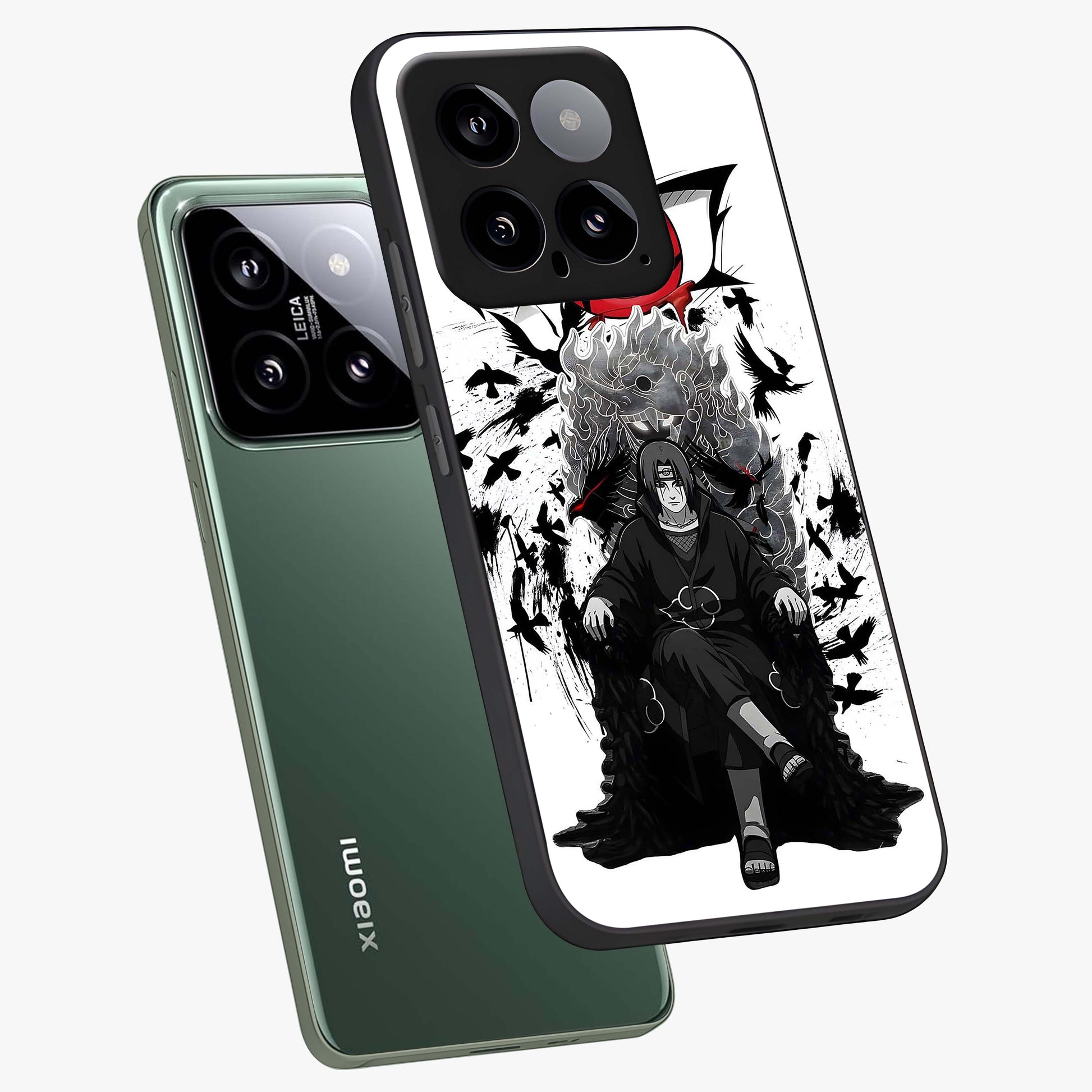 Uchiha Shadow Throne Glass Case displayed in angled mockup highlighting glowing aquatic design with celestial aesthetic.