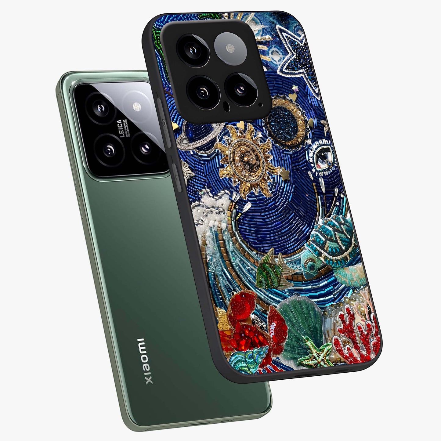 Universe Underwater Spark Glass Case displayed in angled mockup highlighting glowing aquatic design with celestial aesthetic.