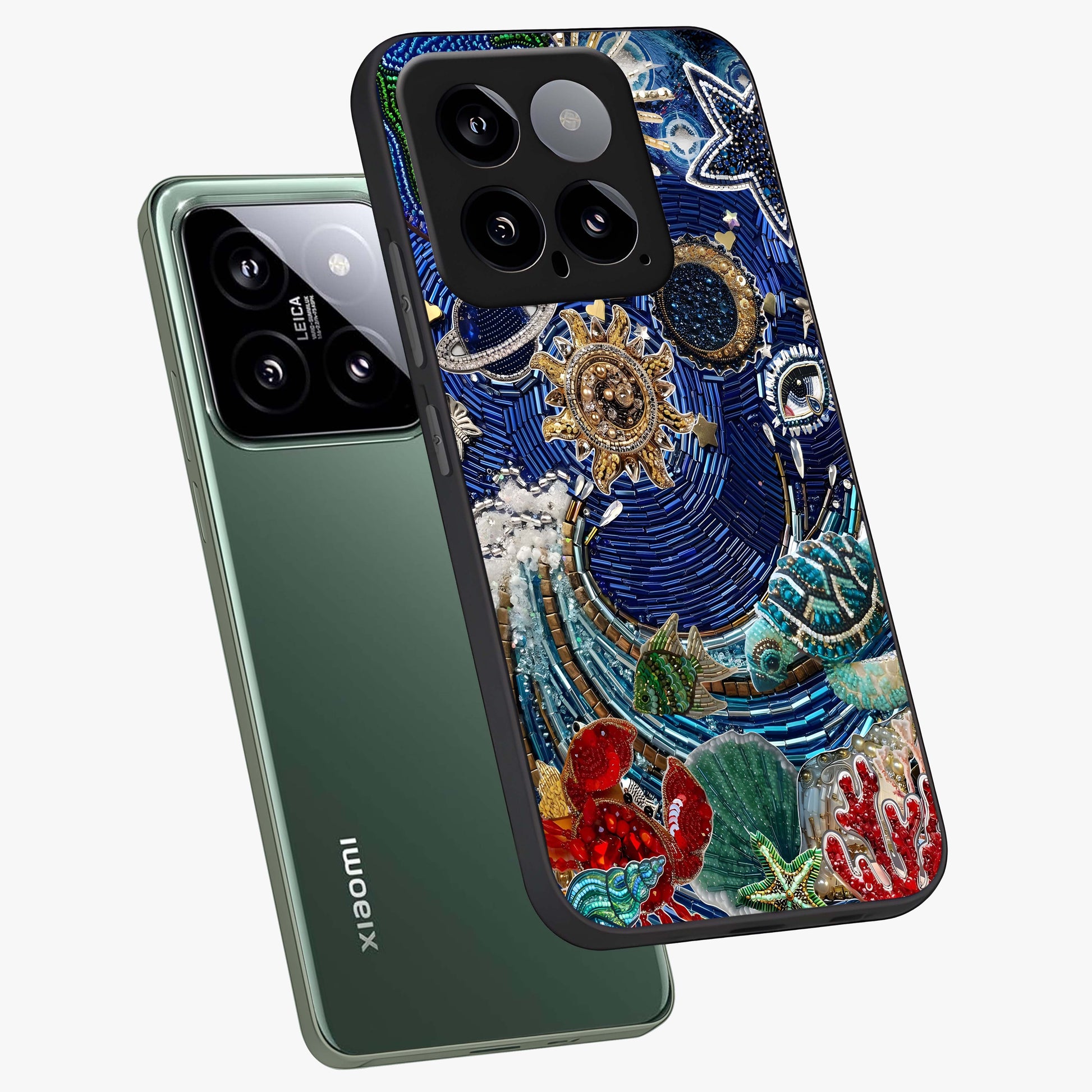 Universe Underwater Spark Glass Case displayed in angled mockup highlighting glowing aquatic design with celestial aesthetic.