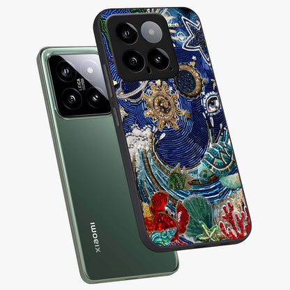 Universe Underwater Spark Glass Case displayed in angled mockup highlighting glowing aquatic design with celestial aesthetic.