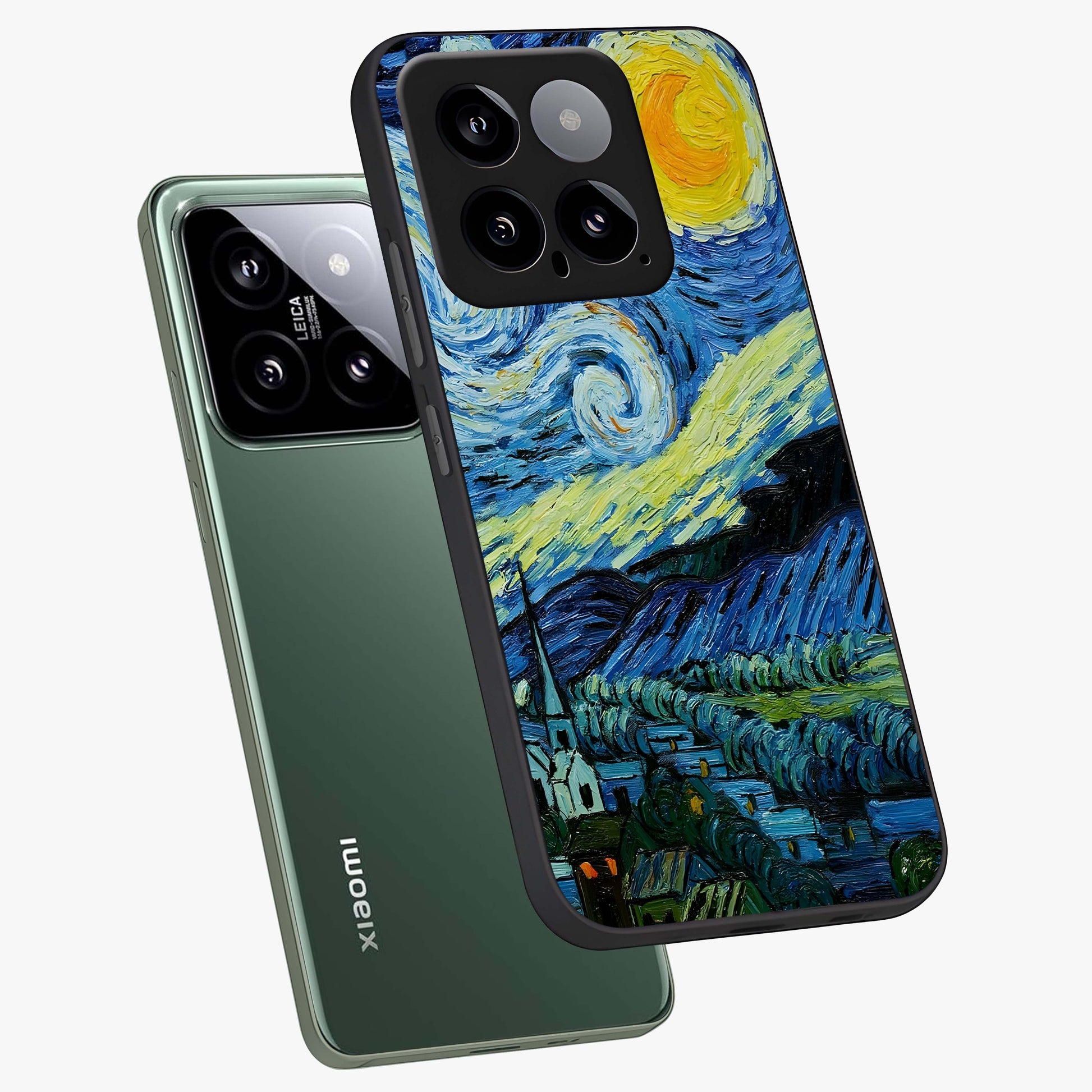 Van Gogh Art Glass Case displayed in angled mockup highlighting swirling brushstroke design with artistic aesthetic.