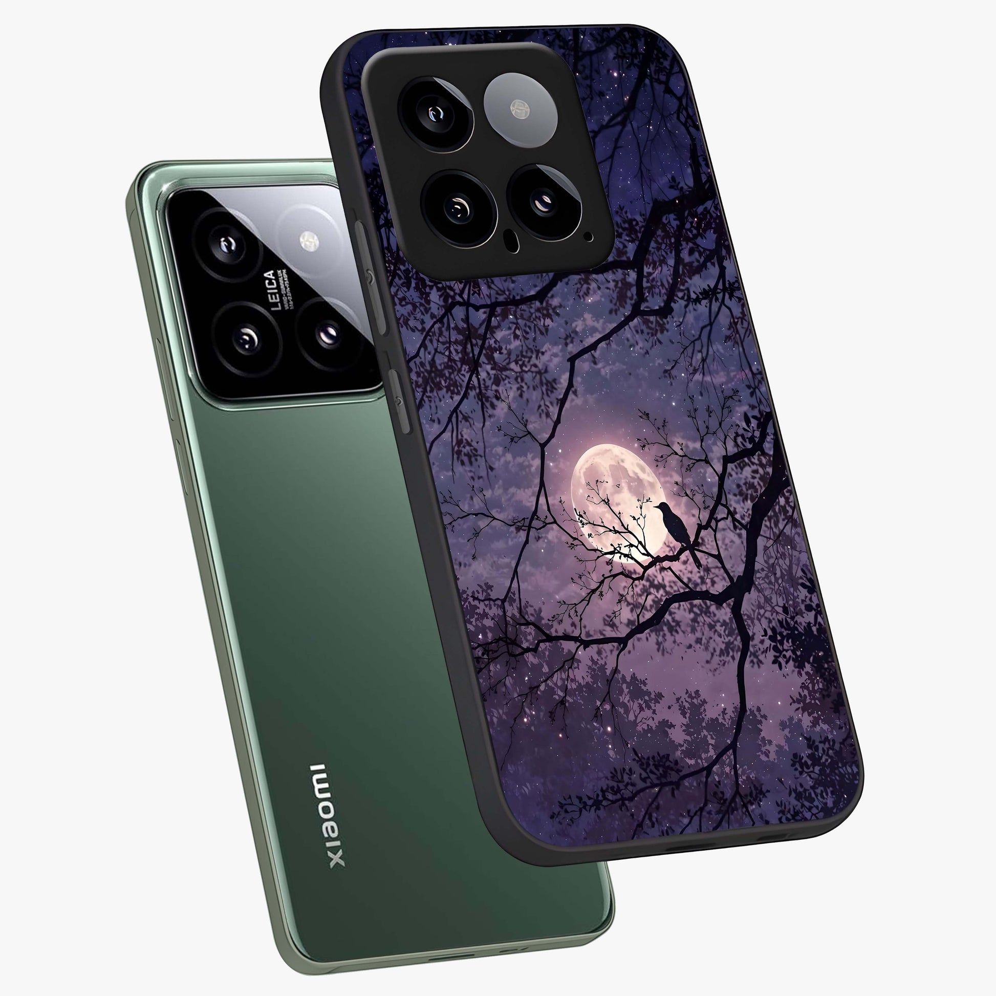 Whispering Moon Silence Glass Case displayed in angled mockup highlighting calm lunar design with dreamy night aesthetic.